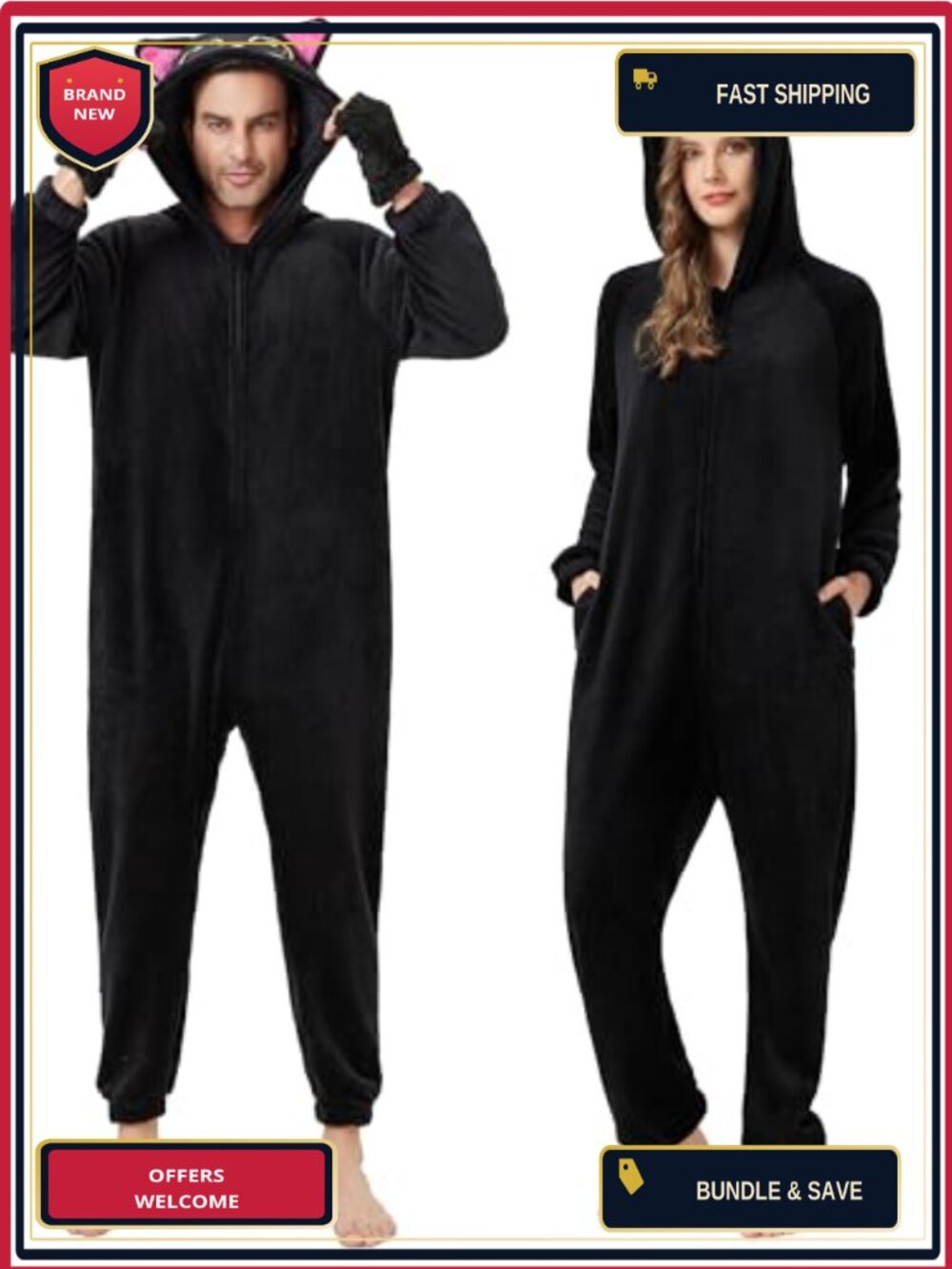 Unisex Cat Onesie Costume with 3D Ears and Tail Halloween Cosplay